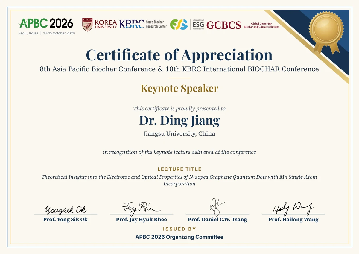 Certificate of Appreciation presented to Ding Jiang at APBC 2026